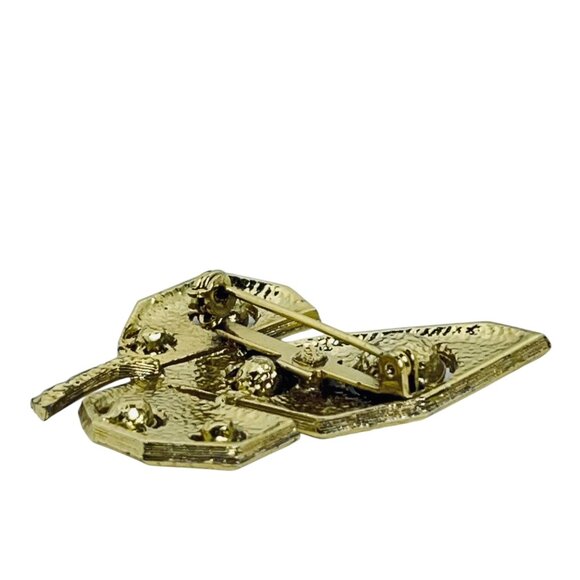 Textured Gold Tone Leaf Brooch & Earrings Set W/ Cobalt Blue Rhinestones (5752) - Picture 6 of 12